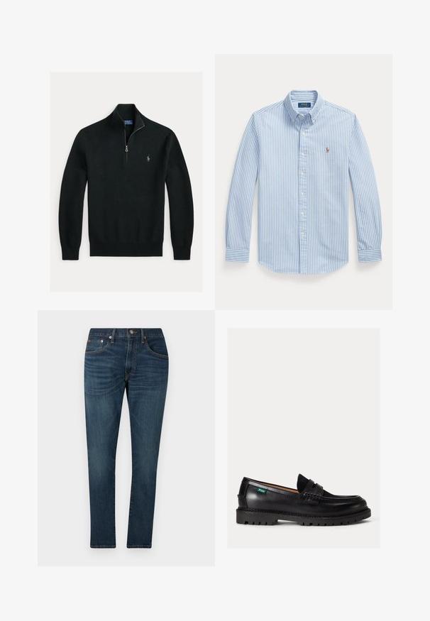 Pull en maille noir à manches longues avec une fermeture éclair quart de zip et un petit logo cheval brodé sur la poitrine gauche.; Chemise bleu clair à manches longues avec des rayures verticales blanches et un petit logo Polo Ralph Lauren brodé sur la poitrine gauche.; Jean slim-fit bleu foncé avec légère décoloration, poches avant, passants pour ceinture et fermeture par bouton sur un fond uni.; Mocassin en cuir noir avec semelle épaisse, bout arrondi et étiquette verte Polo sur le côté.