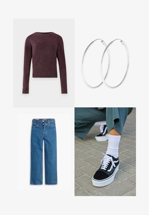 Burgundivärvi kudumüts pikkade varrukatega, ümmarguse kaelusega, soonikkoes mansettide ja alumise äärega, mis on valmistatud pehmest ja tekstuurist kangast, veidi kastilise lõikega.; Sinine denim sirgeda pükste talu kõrge vöökoht, viie taskuga disain ja nööbiga sulgemine. Silmapaistvad õmblused ja vase tooni nurgad.; Mustjad sametist tennisjalanõud valgete aktsentide ja nööridega, millel on paks valge tald ja kontrastsed õmblused, koos valge sokiga.; Hõbedaste tooni rõngaste kõrvarõngad, millel on sile, ümar kuju ja poleeritud viimistlus. Mõlemad kõrvarõngad on sama suurusega ning neil on kindel sulgemismehhanism.