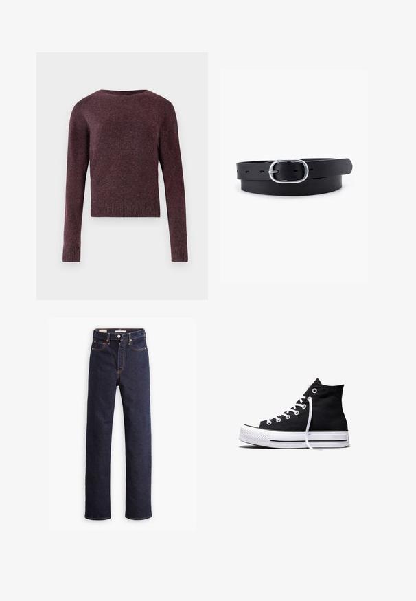 Jersey burdeos de punto con mangas largas, escote redondo, puños y dobladillo acanalados, que presenta una tela suave y texturada en una forma ligeramente cuadrada.; Jeans de mezclilla rectos de color azul oscuro con cinco bolsillos y costuras naranjas visibles sobre un fondo blanco.; Zapatilla alta de lona negra con suela de goma blanca y cordones blancos, vista de lado sobre un fondo blanco.; Cinturón de cuero negro con una textura suave, hebilla ovalada de metal plateado y múltiples agujeros de ajuste a lo largo de la correa. Diseño plano y minimalista.