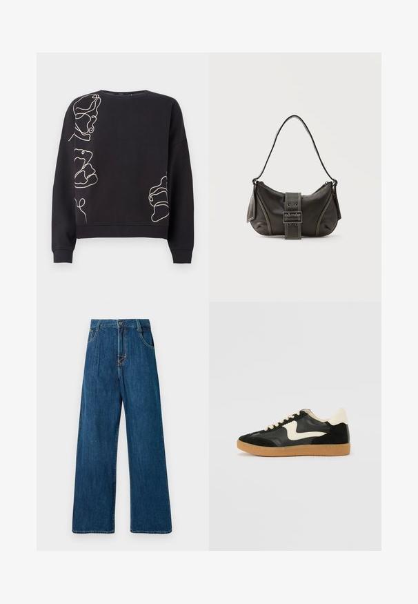 Schwarzes Sweatshirt mit langen Ärmeln und beigen abstrakten, kontinuierlichen Linien, die florale Designs auf der linken Schulter, unten rechts und an der linken Seite zeigen.; Weite Denim-Jeans in Dunkelblau mit Knopfverschluss, fünf Taschen und sichtbaren Nähten. Glatte Textur. Keine Verzierungen.; Schwarze Wildleder- und Leder-Sneaker mit einem cremefarbenen Seiten-Swoosh und einer hellcremefarbenen Ferse. Ausgestattet mit beige Schnürsenkeln und einer Gummilaufsohle.; Schwarze Leder-Schultertasche mit Schnallengurt-Detail, abgerundeten Kanten und kontrastierenden weißen Nähten auf schlichtem Hintergrund.