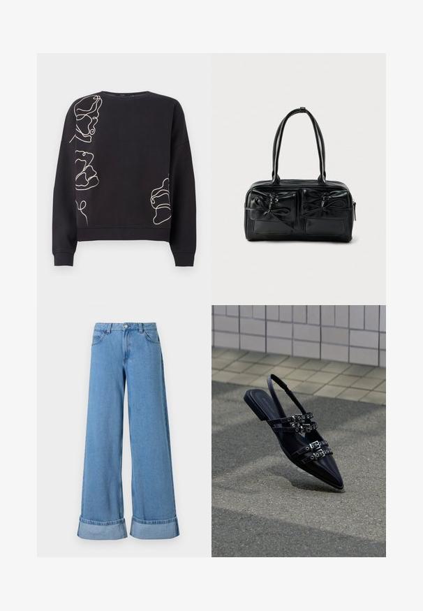 Schwarzes Sweatshirt mit langen Ärmeln und beigen abstrakten, kontinuierlichen Linien, die florale Designs auf der linken Schulter, unten rechts und an der linken Seite zeigen.; Hellblaue Denim-Jeans im weiten Schnitt mit hoher Taille, umgeschlagenen Säumen, fünf Taschen, und einem Knopfverschluss mit Reißverschluss.; Schwarze flache Sandale mit spitz zulaufender Spitze, mehreren Riemchen mit Schnallen und Slingback, vor einem gepflasterten Boden und einem gefliesten Wandhintergrund positioniert.; Schwarze Ledertasche mit zwei Fronttaschen und Schleifenakzenten, ausgestattet mit stabilen Griffen und einer strukturierten rechteckigen Form.