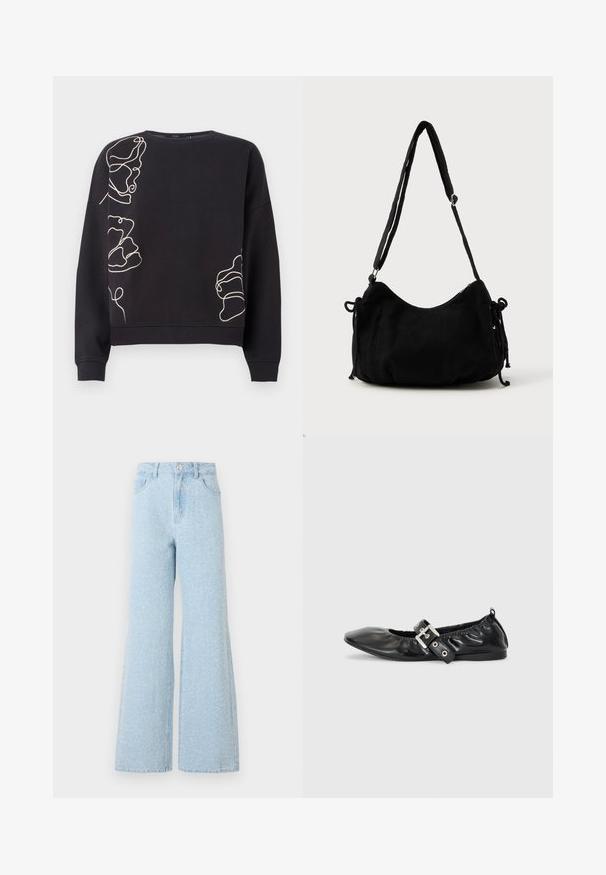 Sweatshirt noir à manches longues avec des motifs floraux abstraits en ligne continue beige sur l'épaule gauche, le bas à droite et le côté gauche.; Jean en denim bleu clair à jambes larges avec une taille haute, dotés d'une fermeture à bouton, de cinq poches et d'une texture légèrement délavée.; Chaussure plate en cuir noir avec un nez pointu, des détails froncés autour de l'ouverture et un accent en boucle argentée sur la bride ajustable.; Sac à épaule en velours côtelé noir avec une forme courbée, bandoulière réglable et fermetures à cordon des deux côtés pour un ajustement de taille.
