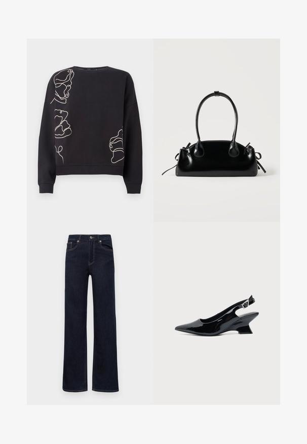 Sweatshirt noir à manches longues avec des motifs floraux abstraits en ligne continue beige sur l'épaule gauche, le bas à droite et le côté gauche.; Jean en denim bleu foncé avec des jambes droites, fermeture à bouton, passants de ceinture et cinq poches, présentés sur un fond blanc.; Chaussure slingback en cuir verni noir avec bout pointu et petit talon bloc incliné sur fond clair uni.; Petit sac à main noir brillant avec deux longues anses et des détails à cordon sur les côtés sur un fond clair uni.