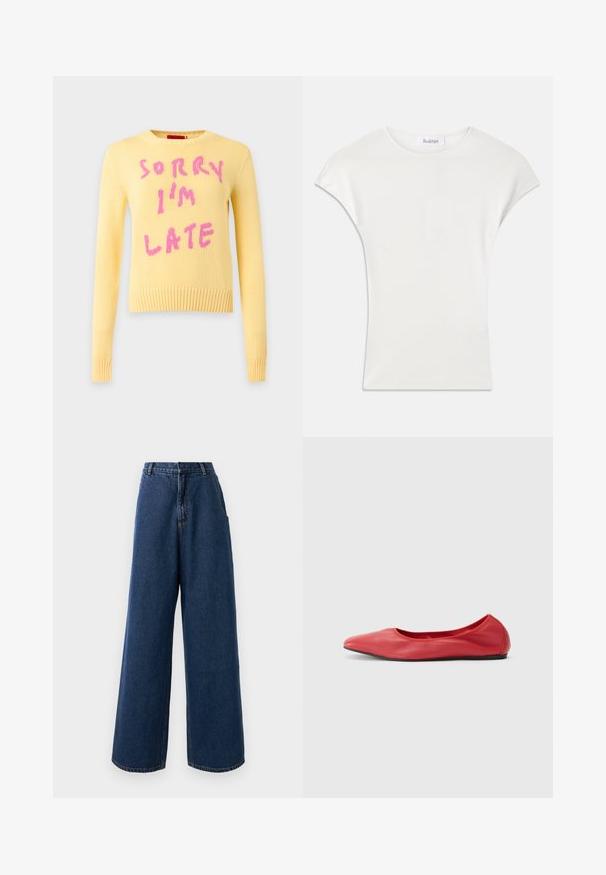 MAX&Co. Pullover - giallo/rosa; Chemise blanche à manches courtes en tissu côtelé doux. Encolure ras du cou ; coupe décontractée avec des manches légèrement bouffantes. Étiquette de la marque visible au niveau de l'encolure.; Jean taille haute à jambes larges en denim bleu foncé avec fermeture à bouton et à zip à l'avant, passants de ceinture et poches latérales.; Filippa K REY FLATS - Ballerines - bright red