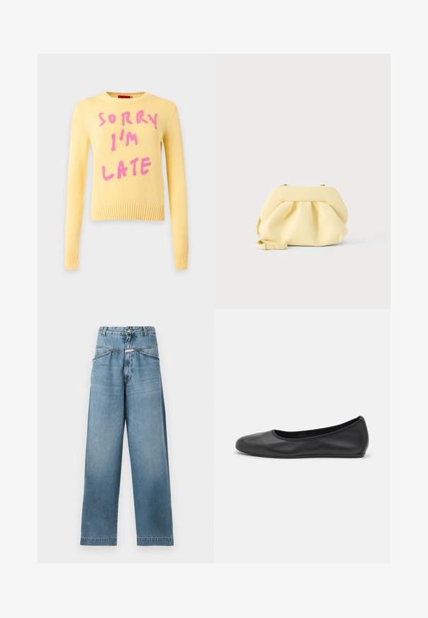 MAX&Co. Pullover - giallo/rosa; CLOSED DENI - Wide Leg - mid blue; Ballerines en cuir noir avec un bout rond, texture lisse, détails de couture minimalistes et design de semelle flexible.; Pochette en cuir jaune doux avec un design froncé et une bandoulière amovible, posée sur un fond clair uni.