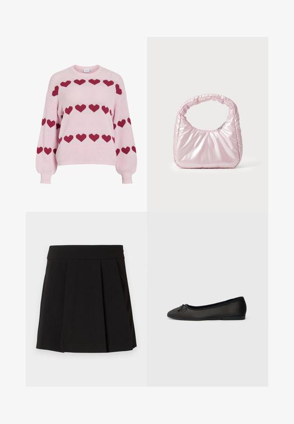 Pull en maille rose avec manches ballon, présentant des rangées de motifs en forme de cœur rouge foncé sur la poitrine et les manches.; Jupe plissée noire avec une texture lisse et une taille ajustée. Le design présente des plis verticaux pour une dimension et une allure supplémentaires.; Ballerines noires avec une finition mate lisse, un bout arrondi et un nœud décoratif à l'avant. Elles présentent un talon bas et plat.; Sac à main rose rembourré avec un design arrondi, fabriqué à partir d'un matériau brillant. Dispose d'une poignée froncée et d'une fermeture éclair pour un accès sécurisé.