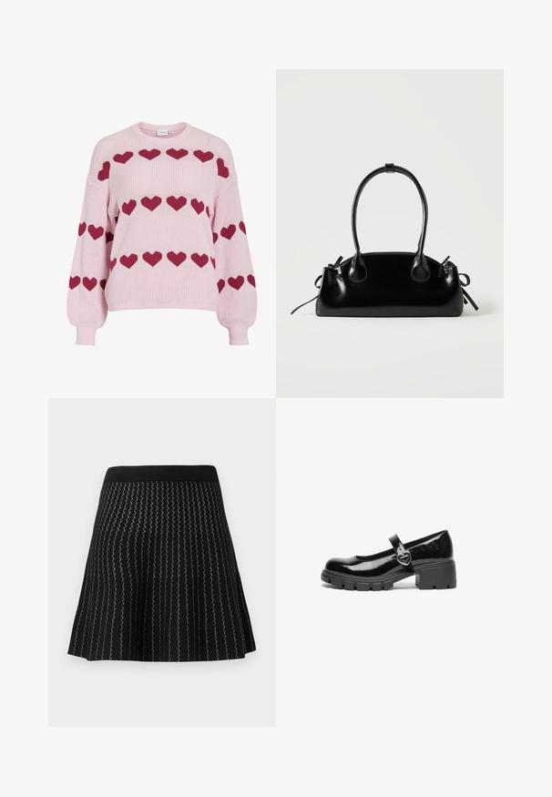 Pull en maille rose avec manches ballon, présentant des rangées de motifs en forme de cœur rouge foncé sur la poitrine et les manches.; Jupe noire en mailles texturées avec des rayures argentées en zigzag, conçue avec une silhouette évasée et une taille noire solide.; Chaussure Mary Jane en cuir verni noir avec un talon épais, un bout rond et une sangle ornée d'une boucle en forme de cœur.; Petit sac à main noir brillant avec deux longues anses et des détails à cordon sur les côtés sur un fond clair uni.