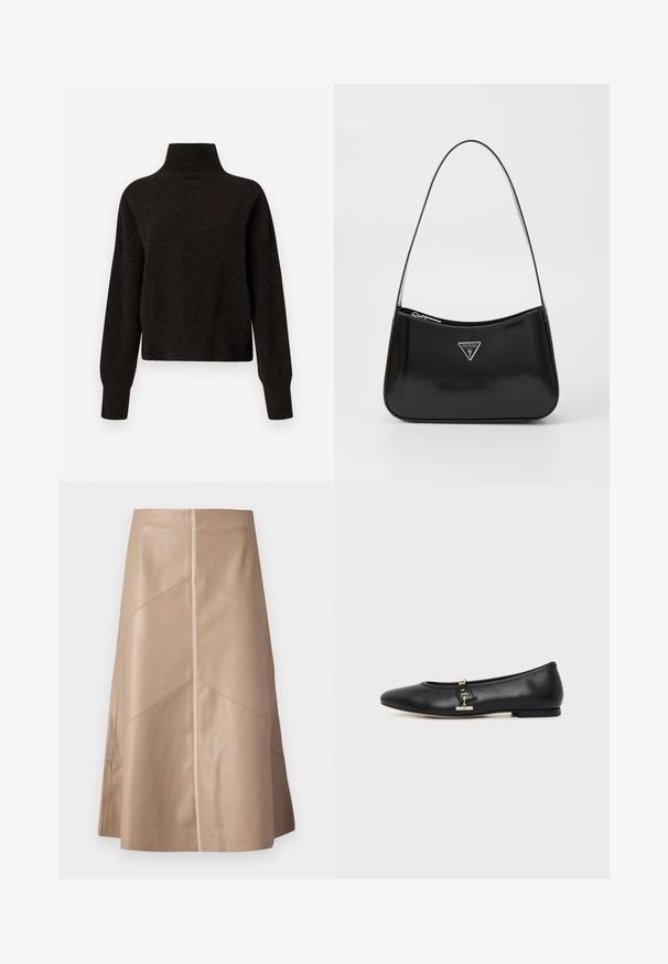 Sort højhalset sweater med lange ærmer og ribbede manchetter og kant, præsenteret på en hvid baggrund.; Beige faux læder A-line nederdel med diskrete paneldetaljer og en glat mat overflade, knælang og højliv.; Sort læder flad sko med rundet tå og lille guldlåsdetalje på siden, vist på en ensfarvet lys baggrund.; Sort patenteret læder skuldertaske med en buet form, prydet med et sølvfarvet trekantet logo og en lynlås-lukning. Glat tekstur og slank rem.