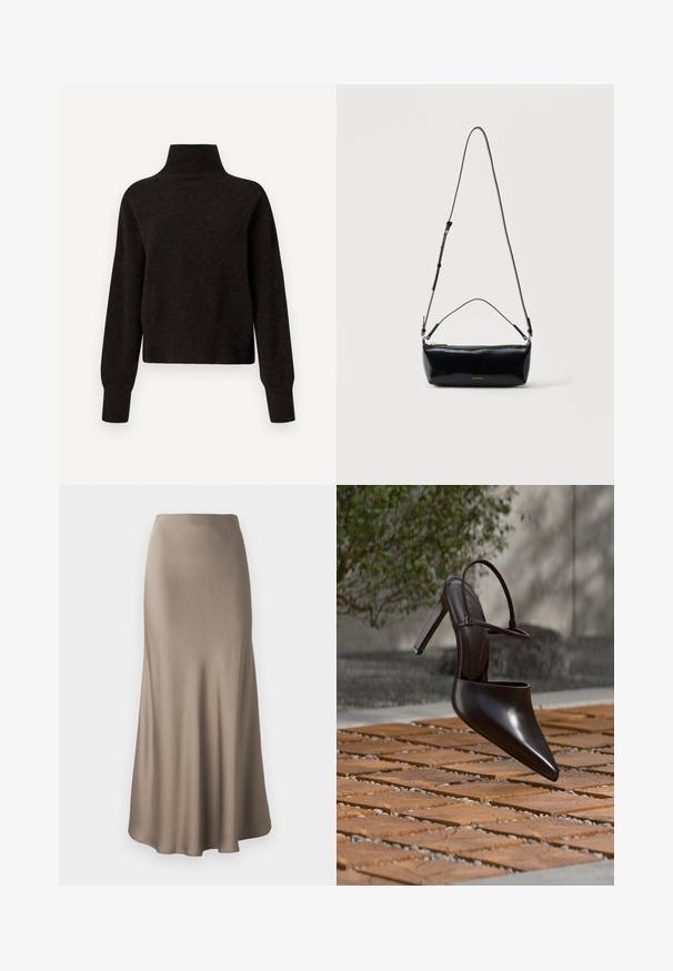 Sort højhalset sweater med lange ærmer og ribbede manchetter og kant, præsenteret på en hvid baggrund.; Lang brun satin nederdel med en glat tekstur, der har en flydende silhuet og en let udvidet kant. Ingen synlig hardware eller mønstre.; Blank højhælet mule med spids tå og ankelrem, svævende over en terracottaflisebelagt overflade med grusfyldte mellemrum.; Sort rektangulær læder crossbody-taske med justerbar skulderrem, top lynlås og lille gyldent Calvin Klein-logo foran.