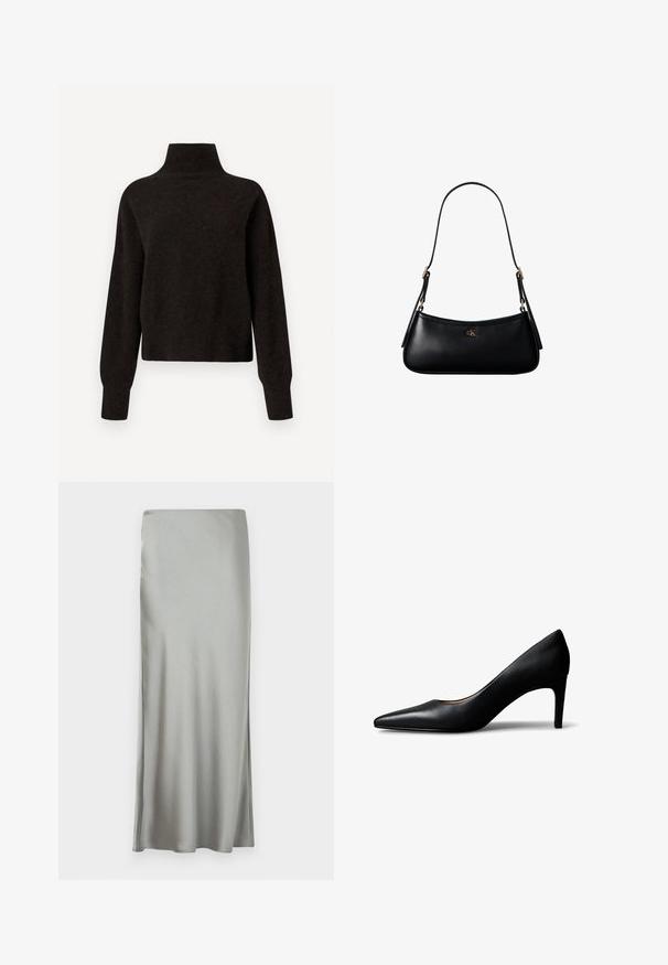 Sort højhalset sweater med lange ærmer og ribbede manchetter og kant, præsenteret på en hvid baggrund.; Lys grå, satin maxi-nederdel med en glat tekstur og sideslids, designet med en lige skæring for en flydende silhuet.; Sort damesko i læder med spids snude og mellemhøj hæl, vist fra siden på en hvid baggrund.; Sort læder mini skuldertaske med tynd rem og lille gyldent CK-logo på fronten i midten.