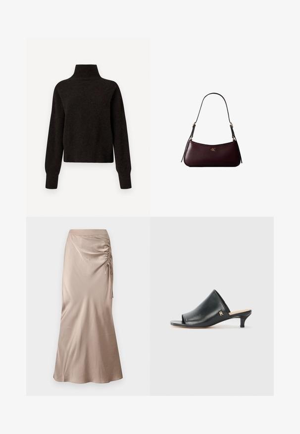 Sort højhalset sweater med lange ærmer og ribbede manchetter og kant, præsenteret på en hvid baggrund.; Satin midi nederdel i en afdæmpet beige farve med rynket detalje i siden og en lige silhouet med en let udvidelse ved kanten.; Sorte læder open-toe mules med en lav hæl. Har en glat overflade og et guld logo-prim på siden.; Mørk bordeaux læderhåndtaske med en tynd sort skulderrem og lille gyldent "cK" logo foran i midten.