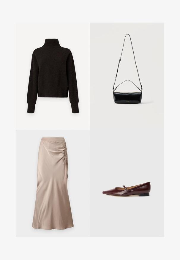 Sort højhalset sweater med lange ærmer og ribbede manchetter og kant, præsenteret på en hvid baggrund.; Satin midi nederdel i en afdæmpet beige farve med rynket detalje i siden og en lige silhouet med en let udvidelse ved kanten.; Burgundyrød patenteret lædersko med spids tå og en dekorativ rem over vristen. Har en lav sort hæl.; Sort rektangulær læder crossbody-taske med justerbar skulderrem, top lynlås og lille gyldent Calvin Klein-logo foran.