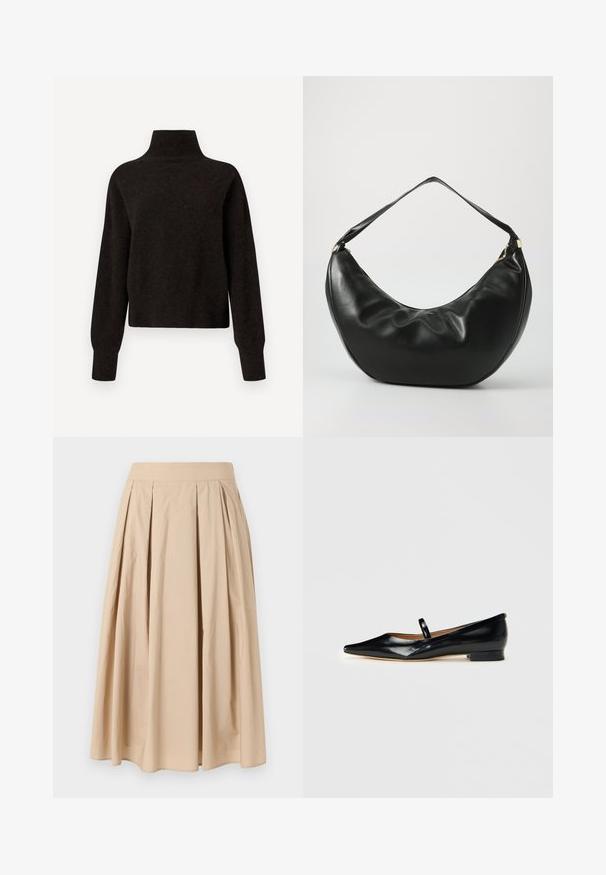 Sort højhalset sweater med lange ærmer og ribbede manchetter og kant, præsenteret på en hvid baggrund.; Beige knælang plisseret nederdel med bredtaljet linning, lavet af letvægtsstof, vist på en simpel hvid baggrund.; Sorte patenterede læder Mary Jane flade sko med spids tå, én rem og lav hæl på ensfarvet baggrund.; Sort læder skuldertaske med en buet form, blød tekstur og en enkelt rem; har en guldbeslået lynlås og diskret branding.