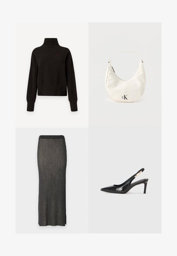 Sort højhalset sweater med lange ærmer og ribbede manchetter og kant, præsenteret på en hvid baggrund.; Strikket midi-nederdel i mørkegrå med lodret ribbing, en tætsiddende silhuet og slidser i kanten for nem bevægelse. Blødt, tekstureret stof.; Sort læder slingback højhælede sko med spidse tæer, glat overflade og en smal ankelrem med guldfarvede hardware detaljer.; Lille hvid halvmåneformet håndtaske med kort rem, lynlås og sort "cK"-logo foran.