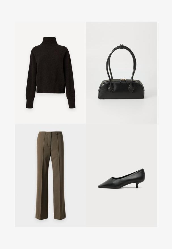 Pull noir à col montant et manches longues avec des poignets et un ourlet côtelés, présenté sur un fond blanc.; Pantalons marron ajustés avec une coupe droite, devant plissé et taille classique. Fabriqués en tissu lisse avec une finition raffinée.; Escarpin femme en cuir noir à petit talon, bout pointu et petit talon kitten sur fond clair uni.; Sac à main en cuir noir avec deux anses allongées, fermeture éclair et forme arrondie ; texture lisse avec une finition légèrement brillante.