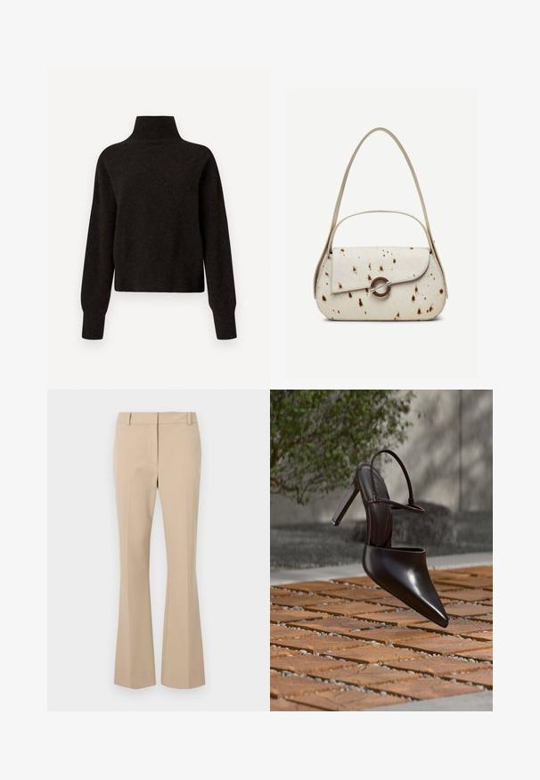 Sort højhalset sweater med lange ærmer og ribbede manchetter og kant, præsenteret på en hvid baggrund.; Beige skræddersyede bukser med lige pasform, der har en glat front, bæltestropper og en jævn tekstur. Ingen synlige lommer eller mønstre.; Blank højhælet mule med spids tå og ankelrem, svævende over en terracottaflisebelagt overflade med grusfyldte mellemrum.; Kremfarvet håndtaske med brune prikker, buet klap med rund metalspænde, med to tynde stropper, hvoraf den ene er længere til skulderbrug.