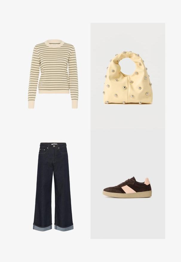 Stribet sweater i crème og olivengrøn med ribbet rund halsudskæring, lange ærmer og en tætsiddende kant. Blød strikket tekstur.; Mørkeblå vidde cowboybukser med opsmøgede kanter, forreste lukning med knap og lynlås samt lommer foran og bagpå.; Brune ruskind sneakers med en lyserød diagonal stripe, snørebåndsdesign, struktureret overdel og en tan gummisål. Bagsiden har en struktureret detalje.; Blød gul håndtaske med cirkulært håndtag, dekoreret med jævnt fordelte små sølvfarvede metalknopper på en glat overflade.