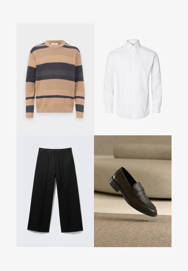 Pull à manches longues en tricot côtelé avec des rayures horizontales beige et gris foncé et un col rond.; Chemise blanche à manches longues avec boutons, col pointu, boutons visibles sur le devant et poignets fermés par des boutons.; Pantalon large noir avec passants pour ceinture, poches avant et fermeture éclair, présenté sur un fond gris clair.; Chaussure loafer en cuir noir reposant sur un tapis beige avec un canapé beige courbé en arrière-plan.