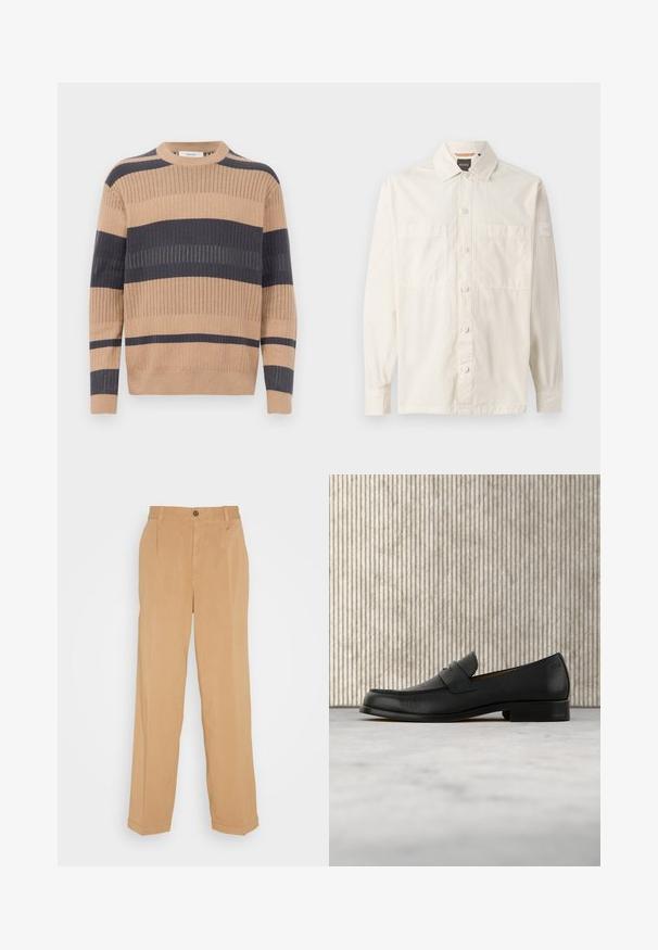 Pull à manches longues en tricot côtelé avec des rayures horizontales beige et gris foncé et un col rond.; Chemise beige à manches longues en tissu léger, avec un devant boutonné, deux poches poitrine et une étiquette de marque sur la manche.; Pantalons larges beiges en tissu doux, dotés de deux poches avant, d'une fermeture à bouton et de plis le long des jambes.; Mocassin en cuir noir flottant au-dessus d'un tapis beige avec une table ronde brune brillante en arrière-plan.