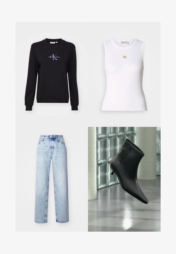 Must värvi puuvillane crewneck sviiter, mille keskel on värviline graafiline logo "Calvin Klein Jeans". Ribiga detailid varrukatel ja hemil.; Valge soonikkoes varrukateta topp, millel on rinnal Calvin Klein Jeans silt ja kaelal sisemine silt.; Heledad sinised kõrge vöökohaga teksad, millel on lobed lõiked, sirged põlved, viis taskut ja klassikaline nööbiga ja tõmblukuga sulgemine.; Mustast nahast pahkluu saabas terava varbaotsaga ja madala Kitsuki kontsaga, kuvatud nurga alt läikiva põranda ja klaasplokkseinaga taustal.