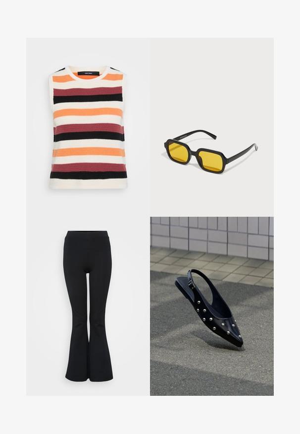 Ærmeløs strikket top med horisontale striber i orange, creme, burgunder, sort og mørkegrå. Teksturret stof med en rund halsudskæring.; Sorte flare leggings lavet af strækbart materiale. Har en høj talje og en glat overflade. Slutter med en flared kant.; Sort spids slingback-sko med sølvnitter, der svæver over asfalt tæt på flisebelagt væg.; Sorte rektangulære solbriller med gule linser. Funktioner inkluderer tykke stel og kantet design med en glat, blank finish.