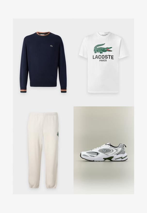 Marineblå sweater med rund hals, ribbede mansjetter med grønne, orange og hvide striber, samt et lille broderet logo på brystet.; Lacoste T-shirts print - white; Lys beige sweatpants lavet af bomuld, med elastisk talje, ribbede mansjetter og et grønt logo med bladdesign på venstre ben.; Hvid og grå sporty løbesko med mesh-paneler, grønne detaljer, sorte elementer og et logo på siden, vist fra ydersiden.