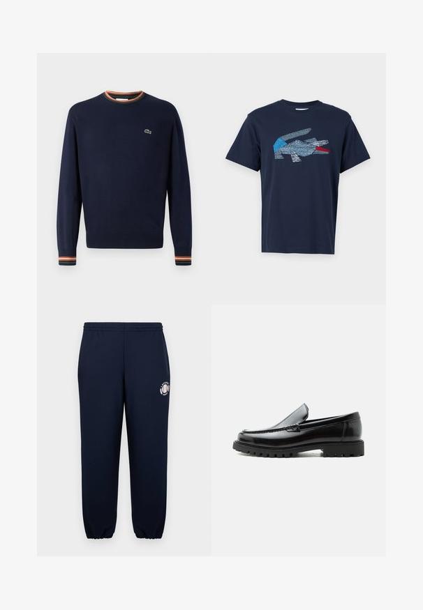 Marineblå sweater med rund hals, ribbede mansjetter med grønne, orange og hvide striber, samt et lille broderet logo på brystet.; Lacoste T-shirts print - dark blue; Mørkeblå sweatpants lavet af blødt bomuld med elastiske manchetter og talje. Har et hvidt Lacoste Paris-logo på venstre ben.; Sort læderloafer med chunky gummisål, syet overdel og præget mærkenavn på hælen, vist i sideprofil på hvid baggrund.