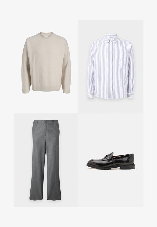 Beiger Langarm-Pullover mit Rundhalsausschnitt, geripptem Kragen, Bündchen und Saum, auf weißem Hintergrund dargestellt.; Gestreiftes Button-Up-Hemd in Hellblau und Weiß. Mit einem spitzen Kragen, langen Ärmeln und einer einzelnen Brusttasche. Aus Baumwollstoff.; Grau gestreifte Hose mit lockerem Schnitt, ausgestattet mit einem Knopfverschluss, Gürtelschlaufen und dezenten hellblauen Streifen.; ALDO ALERIS - Slipper - black