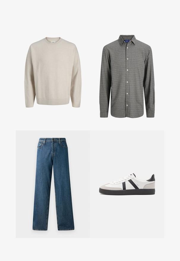 Jersey beige de manga larga con cuello redondo, cuello, puños y dobladillo acanalados, mostrado sobre un fondo blanco liso.; Camisa abotonada con un patrón de cuadrícula en blanco y negro, con cuello puntiagudo, mangas largas y dobladillo recto.; Jeans de mezclilla de color azul oscuro con un corte relajado, piernas rectas, cinco bolsillos y costuras en contraste. Presentan un cierre frontal con botón y cremallera.; Zapatilla blanca con acentos en negro y gris, que presenta una puntera texturizada en gris, suela de goma negra y cordones planos blancos. Diseño limpio, estilo minimalista.