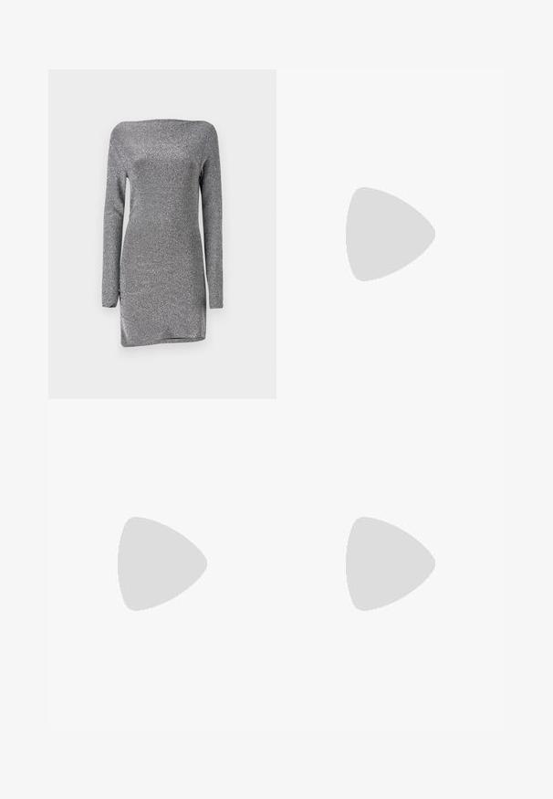 Sølvfarvet, langærmet kjole med en tætsiddende silhuet, lavet af et struktureret, glitrende stof, med en off-the-shoulder halsudskæring og en sideslids.; Blandede sorte vidde jeans med en falmet finish, der har et unikt crossover-bælte design, fem lommer og en standard knaplukning.; Knæhøje sorte støvler med perler, spids tå, struktureret hæl og samlet tekstur langs skaftet for en tætsiddende silhuet.; Sorte solbriller med wrap-around design, mørktonede linser, skinnende stjerneformede detaljer og justerbare næsepuder.