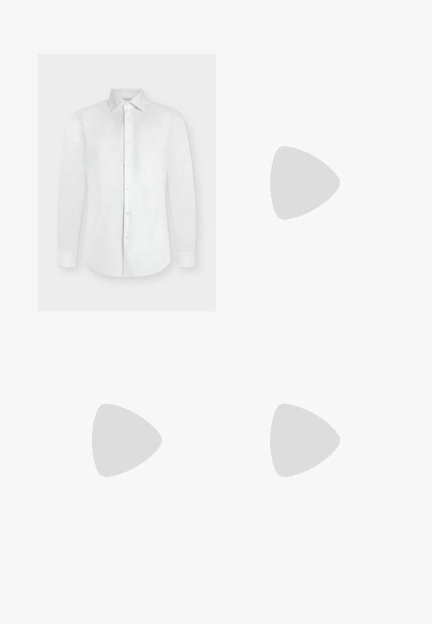 Chemise blanche à manches longues avec boutons, col pointu et poignets boutonnés, présentée à plat sur un fond gris clair.; Pantalon bleu marine à jambes droites avec taille à cordon et tissu texturé, posé à plat sur un fond clair.; Mocassin en cuir noir avec mors en métal doré et logo "HUGO", présenté sur un tapis beige et un meuble translucide marron.; Ceinture en cuir noir à finition mate, présentant une boucle en métal rectangulaire et une texture lisse. Design simple sans motifs ni accents.