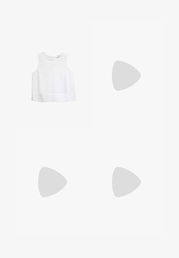 Weißes ärmelloses Top mit rundem Ausschnitt, hergestellt aus leichtem Stoff. Verfügt über einen geraden Saum und dezente Nähte.; Beige Shorts mit elastischem Bund und Kordelzug, aus strukturiertem Stoff mit zwei Fronttaschen. Mittlere Oberschenkel-Länge.; Goldfarbene synthetische Slide-Sandale mit einem einzigen Riemen und Schnallenakzent, ausgestattet mit einem braunen Korkfußbett und einer strukturierten Gummisohle.;  Katzenaugen-Sonnenbrille mit einem schwarz-orangenen Schildpattrahmen, braunen Gläsern und schlanken, spitzen Enden. Verfügt über ein minimalistisches Logo am Bügel.
