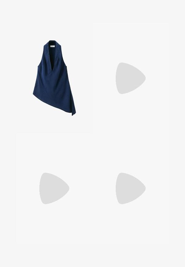 Top en denim asymétrique bleu marine sans manches avec un profond décolleté en V et de larges bretelles.; Jupe longue jusqu'à la cheville de couleur marron, fabriquée dans un tissu léger avec une taille élastique et un design froncé pour un effet volumineux.; Chaussure plate noire à bout pointu, talon fermé et fine bride à la cheville avec boucle sur fond blanc.; Sac à bandoulière en cuir noir avec une sangle nouée et de petits détails en métal doré, de forme rectangulaire, design minimaliste.