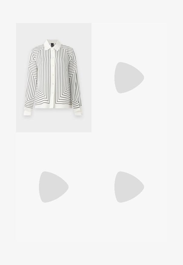 Chemise blanche à manches longues boutonnée avec motifs de lignes carrées géométriques concentriques noirs sur le devant et les manches, et un col pointu.; Jupe en cuir noir en forme A avec une texture lisse, arborant des motifs de coutures géométriques et une fermeture éclair dissimulée à l'arrière.; Escarpin en cuir noir à petit talon en forme de kit avec embout pointu argenté et doubles sangles à boucle sur fond blanc.; Un cardigan en maille noir, un haut blanc, une jupe en denim avec un motif de diamants bleus et noirs, un sac à main noir et des sandales à enfiler beiges.