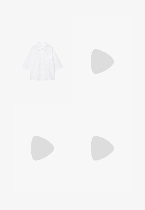 Chemise blanche à boutons, manches larges trois-quarts, col pointu et poche poitrine sur fond blanc uni.; Pantalon blanc à jambes larges avec taille élastique et cordon de serrage, en tissu léger.; Tongs à bride tressée marron avec une semelle souple et un pied en tan, dotées d'un design arrondi et d'une semelle en caoutchouc texturé pour une meilleure adhérence.; Sac fourre-tout en toile beige avec de courtes poignées, décoré de petites fleurs brodées rouges et vertes espacées sur le devant.