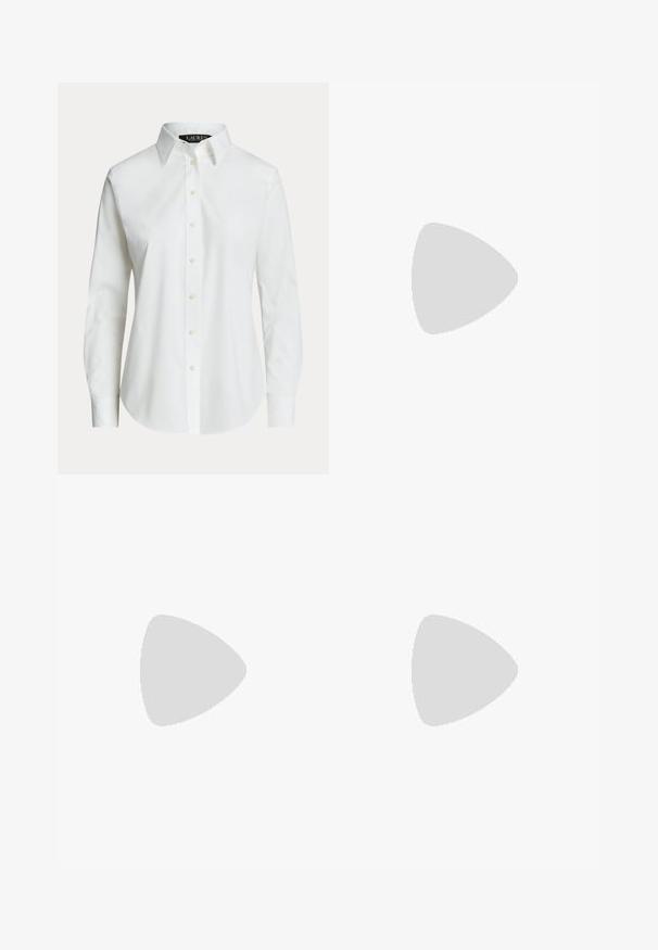 Hvid langærmet skjorte med knapper, klassisk krave og synlige knapper foran, vist på en ensfarvet baggrund.; Marineblå chinos lavet af bomuldsblanding med et tilspidset fit, flad front, sidelommer og en enkelt baglomme; har et lille guldlogo.; Brune læder knæhøje støvler med rund tå, side lynlås og en lille spænde detalje øverst, med en glat overflade.; Brunt læderbælte med guldlås og lille guld RLL-logo på løkken, lagt fladt på en lys grå baggrund.