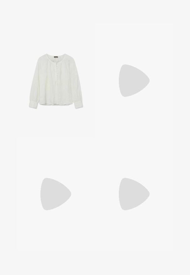Hvid bluse med lange ærmer, blomsterbroderi, rund halsudskæring, knaplukning foran og rynkede manchetter.; Lyseblå shorts med lodrette hvide striber, designet med en elastisk talje og en afslappet pasform for komfort. Materialet er bomuld.; Sort tanga-sandal med en stor spænde, der svæver over et vævet beige tæppe, med et sofabord i træ og stablede bøger i baggrunden.; Skildpaddebens rektangulære briller med klare linser, der har kraftige stel, guldaccenter og et strømlinet design.