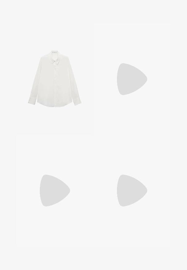 Blouse blanche à manches longues en tissu lisse, dotée d'un col pointu et de poignets boutonnés, avec un ourlet droit et sans motifs.; Pantalons larges noir à taille haute, avec deux plis avant, passants de ceinture et une texture de tissu lisse et structurée.; Botte noire montant jusqu'au genou en cuir lisse avec un bout arrondi et une semelle plate. Présente un design simple avec une languette de tirage en haut.; Sac à main rectangulaire noir avec une poignée supérieure, une fermeture à rabat, des poches latérales et une sangle centrale avec une boucle dorée.