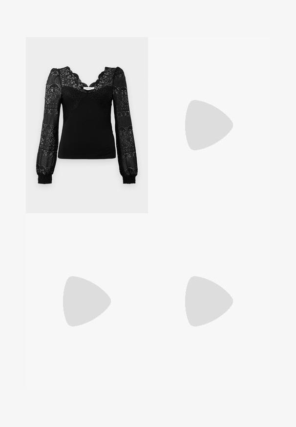 Haut noir avec devant en dentelle et encolure festonnée, longues manches en dentelle transparente et poignets froncés pour ajouter de la texture.; Jupe bulle noire avec une taille élastique et un motif de pois blancs. Fabriquée en tissu léger, elle présente un design volumineux et un ourlet arrondi.; Chaussure à talon haut pour femme en cuir verni noir avec bout pointu et talon fin sur fond clair uni.; Sac à main en cuir noir de forme arrondie, décoré de clous argentés et équipé d'une poignée courte. Texture lisse et fermeture éclair.