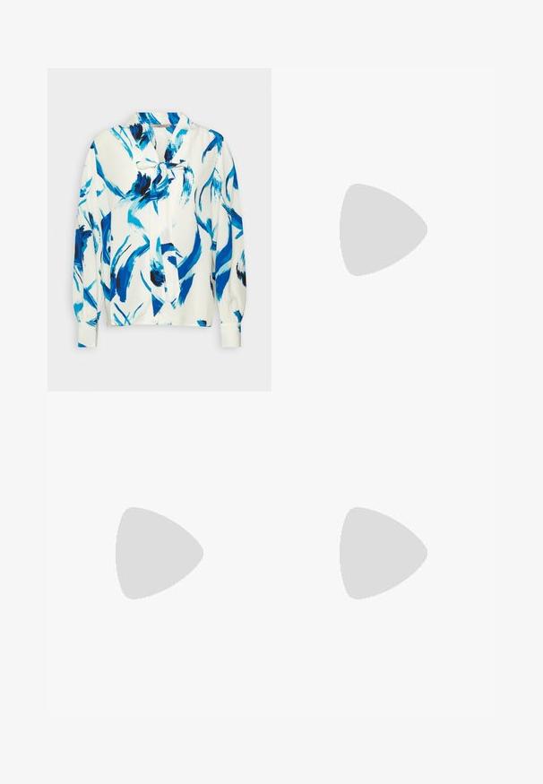 Anna Field by Zalando Skjortebluser - white, blue; Blå indpakningskjole lavet af letvægtsstof, med en bindelukning i taljen, en asymmetrisk bundkant og en glat tekstur.; Hvide læder slingback pumps med spids tå, mellemhøj blokhæl og justerbar rem. Glat tekstur; minimalistisk design.; Gul plisseret håndtaske lavet af glat kunstlæder, med en blød form, en enkelt skulderrem og samlet topdesign.