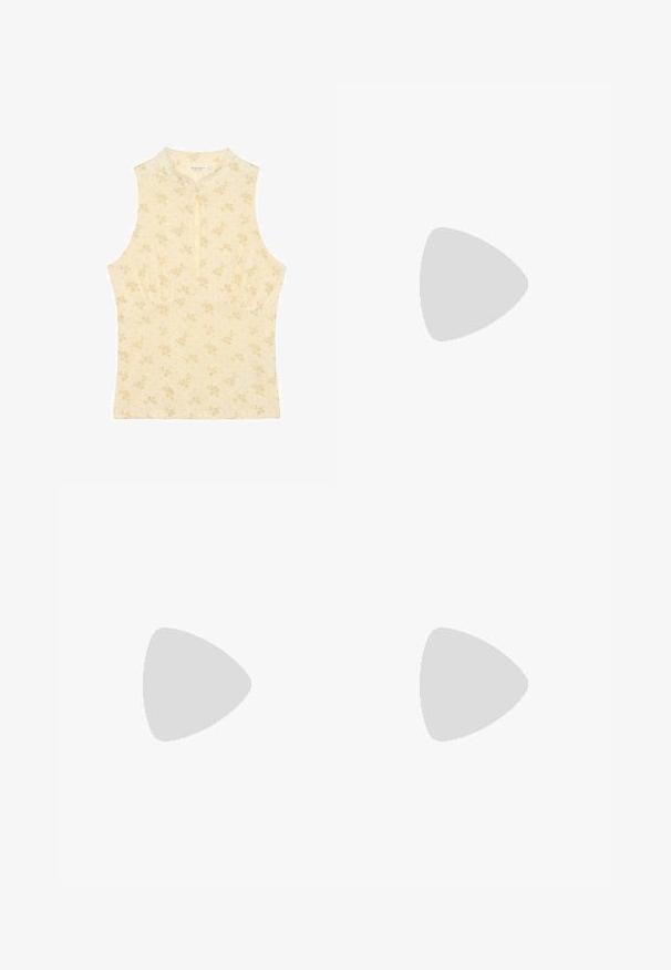 Haut beige sans manches avec un petit motif floral jaune, col montant et une courte fermeture éclair devant au centre.; Pantalon en lin blanc à jambes larges avec taille élastique et cordon de serrage, doté de poches latérales et d'une fente à l'avant.; Havaianas SLIM SQUARE - Sandales tongs - white; Lunettes de soleil en écaille de tortue avec des montures ovales, des verres teintés bruns et le logo "Chloé" sur la branche. Matériau en plastique lisse avec finition brillante.