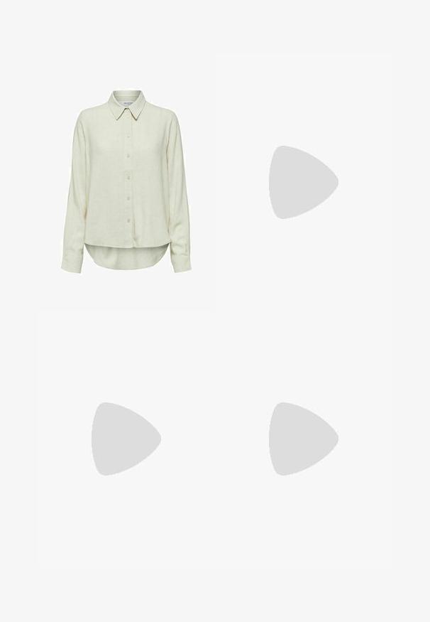 Camisa de manga larga color beige claro, hecha de una tela suave, con cuello, botones en el frente y dobladillo redondeado con aberturas laterales.; Pantalones de pana marrón de pierna recta con pliegue delantero y trabillas para cinturón, mostrados sobre un fondo blanco.; Zuecos de gamuza verde con una correa ancha y hebilla de metal, plantilla de corcho y suela de goma. Presenta un pequeño orificio de ventilación en la parte superior.; Gafas de sol ovaladas con lente marrón tintado, montura carey y finos detalles dorados en las patillas, descansando sobre una superficie gris claro.