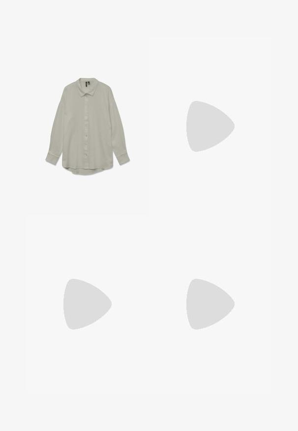 Chemise à manches longues et à boutons, en tissu gris clair avec une texture subtile. Dotée d'un col pointu et d'un ourlet légèrement arrondi.; Leggings noirs avec une taille haute. Fabriqués en tissu extensible, présentant une texture lisse et une silhouette ajustée sans coutures visibles.; Bottine en cuir noir avec un talon carré et des panneaux latéraux élastiques. Présente une texture lisse et des détails à nervures autour du bord supérieur.; Lunettes de soleil œil de chat noires avec verres gris dégradés. Fabriquées en plastique léger, avec une finition lisse et un logo discret sur la branche.
