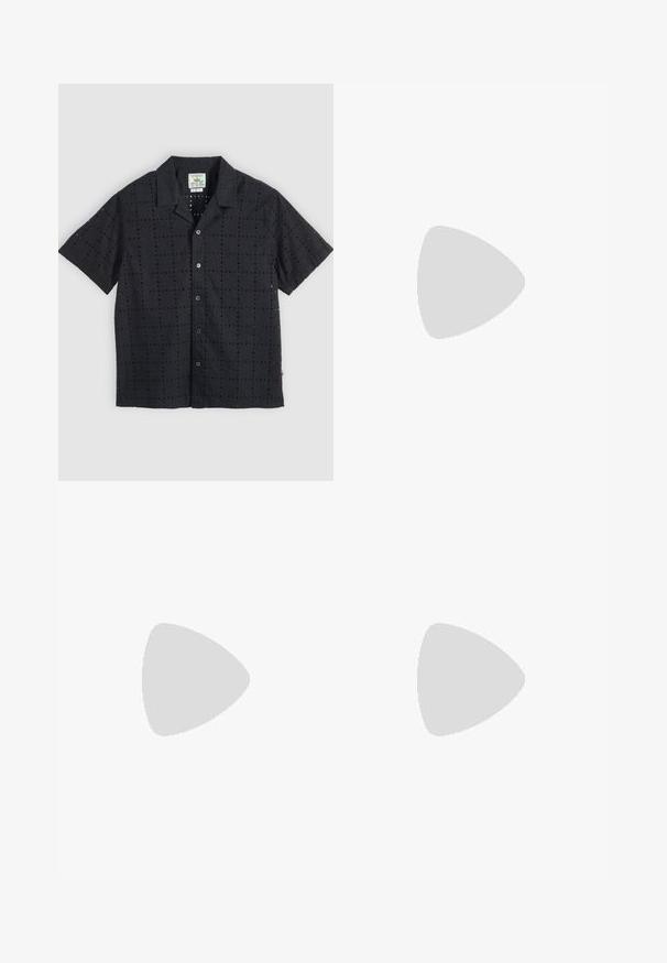 Chemise noire à manches courtes avec boutons et motif carré perforé, col camp, étalée à plat sur un fond clair.; Shorts en denim noir avec une coupe droite, cinq poches, éléments en métal et coutures visibles. Texture douce et design simple.; Sandale tongs plates noires avec une large bride d’orteil et une semelle texturée, vue de profil sur fond blanc.; Lunettes de soleil Ray-Ban avec des verres verts, monture en plastique noir et accents dorés sur les bords. Forme carrée avec une finition mate.