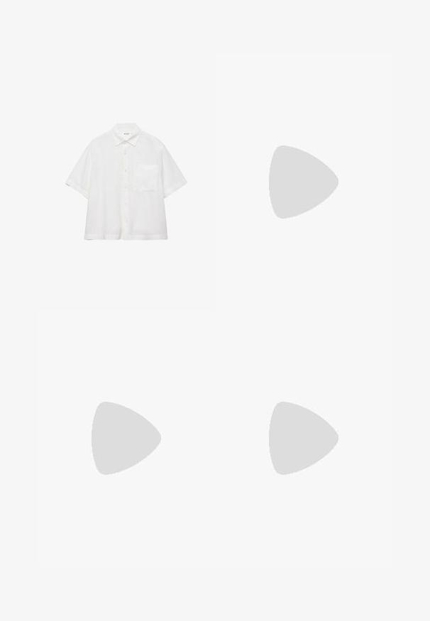 Hvid kortærmet skjorte med knapper foran, spidst krave og en enkelt brystlomme, vist på en ensfarvet hvid baggrund.; Lyse beige hørshorts med elastisk linning og snor, lige ben, ingen synlige mærker eller mønstre.; Grønne Birkenstock-sandaler med to udskårne stropper, en korksål og en tekstureret ydre finish. Sålen er flad med et skridsikkert design.; Skildpadde-solbriller med brune gradientlinser, rektangulær form, tykke stel og en sølvlogoaccent på siden.