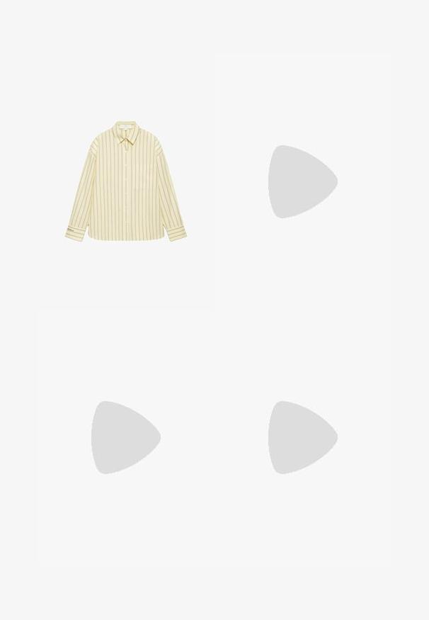 Chemise boutonnée jaune clair avec fines rayures verticales marron, manches longues, col, poche poitrine et petit texte sur le poignet gauche.; Jean en denim bleu clair avec une coupe droite, cinq poches, une fermeture éclair et une texture légèrement délavée. Style classique avec peu de matériel.; Bottine en daim marron avec tige perforée, shaft souple, sangle tressée, garniture argentée et talon bas empilé.; Sac à épaule blanc texturé avec détail de chaîne dorée et bandoulière ajustable sur fond blanc.