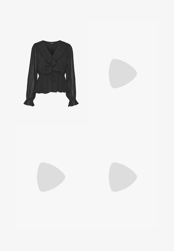 Vero Moda VMDORA - Bluse - black; Sort maxinederdel lavet af glat, letvægtsstof. Har en enkel A-formet silhuet med en let udvidet kant og ingen synlige lukninger.; Sorte laklæderballerinaer med spids snude, der har tre dekorative remme med metalspænder. Glat finish og lav hæl.; Rektangulær sort læderhåndtaske med en enkelt lang rem og blank finish, vist mod en ensfarvet hvid baggrund.