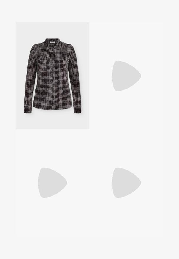 Chemise à manches longues à boutons avec motif à pois noirs et gris et col pointu, présentée sur fond blanc.; Pantalons noirs à jambes larges avec des rayures verticales, fabriqués à partir d'un tissu texturé. Dotés d'une taille élastiquée pour plus de confort.; Femme portant une jupe midi en sequins bruns et des escarpins Mary Jane en crocodile texturé marron foncé, se tenant sur des escaliers en marbre.; Sac à bandoulière en daim marron avec une seule sangle et une fermeture éclair sur un fond clair uni.