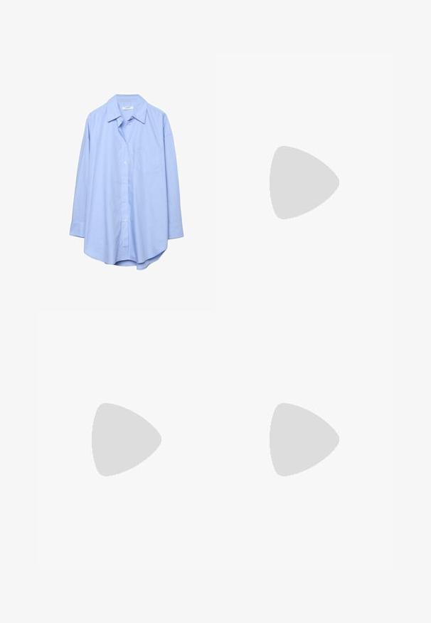 Chemise bleu clair à manches longues avec col pointu et poche poitrine, présentée sur un fond blanc.; Jean bleu clair à jambes larges avec poches avant et passants de ceinture, présenté sur un fond blanc.; Chaussure plate de ballet marron et blanche avec trois bandes blanches et un nœud à nouer à la cheville sur un fond clair uni.; Lunettes rectangulaires teintées de brun avec une finition brillante, dotées de branches fines et de verres transparents. Logo visible sur la branche gauche.