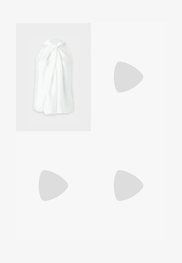 Top blanco sin mangas con cuello halter, detalle de nudo en la parte delantera y tela suelta y fluida.; Falda de cuero negra con una textura suave, que presenta una cinturilla alta y costuras cosidas que crean una forma estructurada y discreta.; Zapato de charol negro de tacón alto, tipo slingback, con punta afilada, correa ajustable en el tobillo y lados abiertos. Textura lisa.; Bolso de hombro de cuero negro con una sola correa y un pequeño detalle de hebilla dorada en la parte delantera sobre un fondo claro y liso.